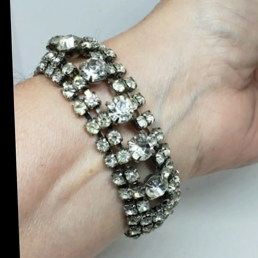 Vintage Bracelet Clear Rhinestone Chunky Wide Wedding Jewelry Juliana